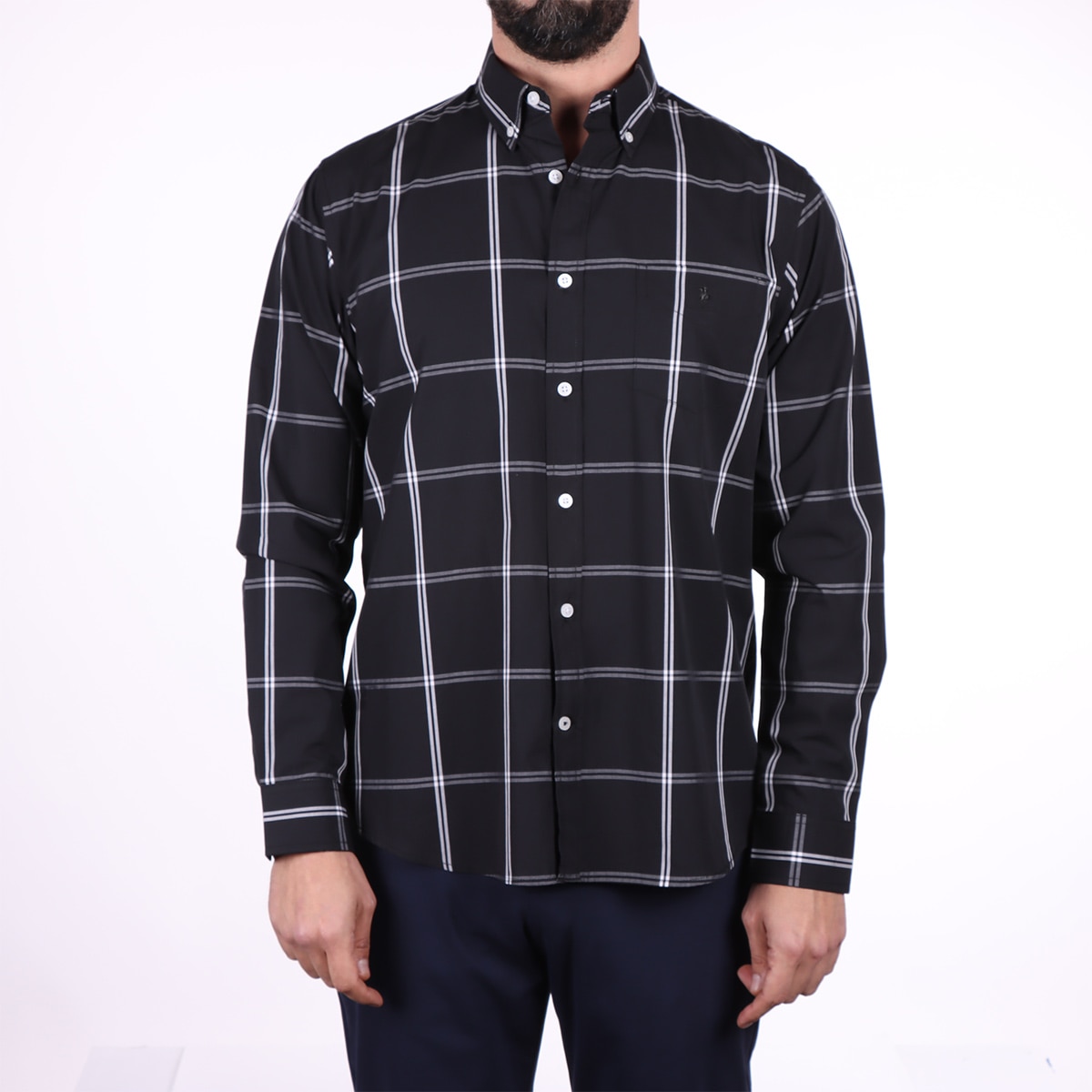 Camisa Cuadros Negra Hombre Polo Club Manga Larga Casual