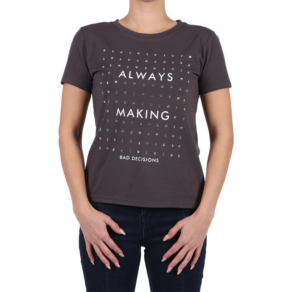 Playera con Estampado Texto y Pedrería Studio si para Mujer