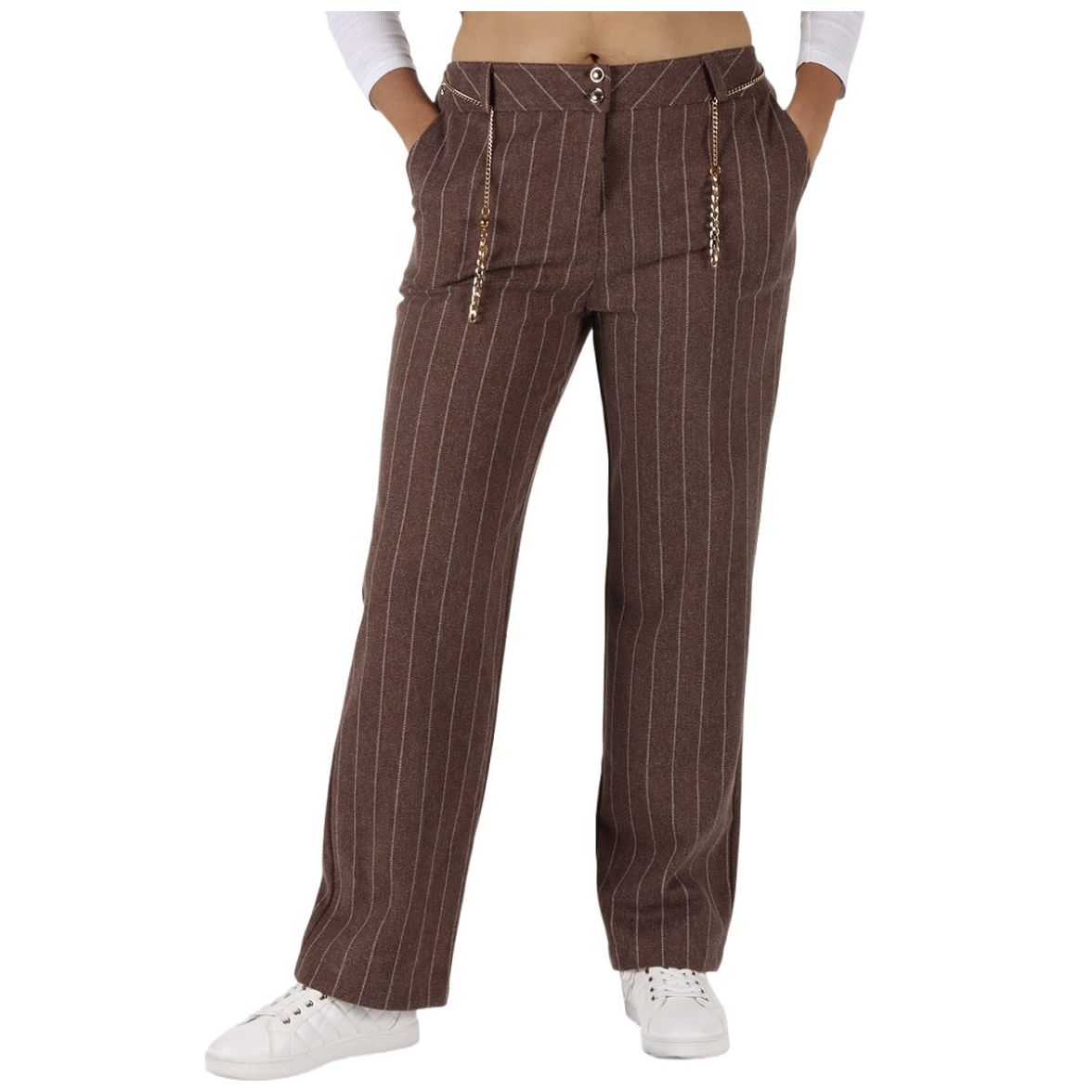 Pantalón Recto Rayas Cinturón Cadena Ann Miller Mujer