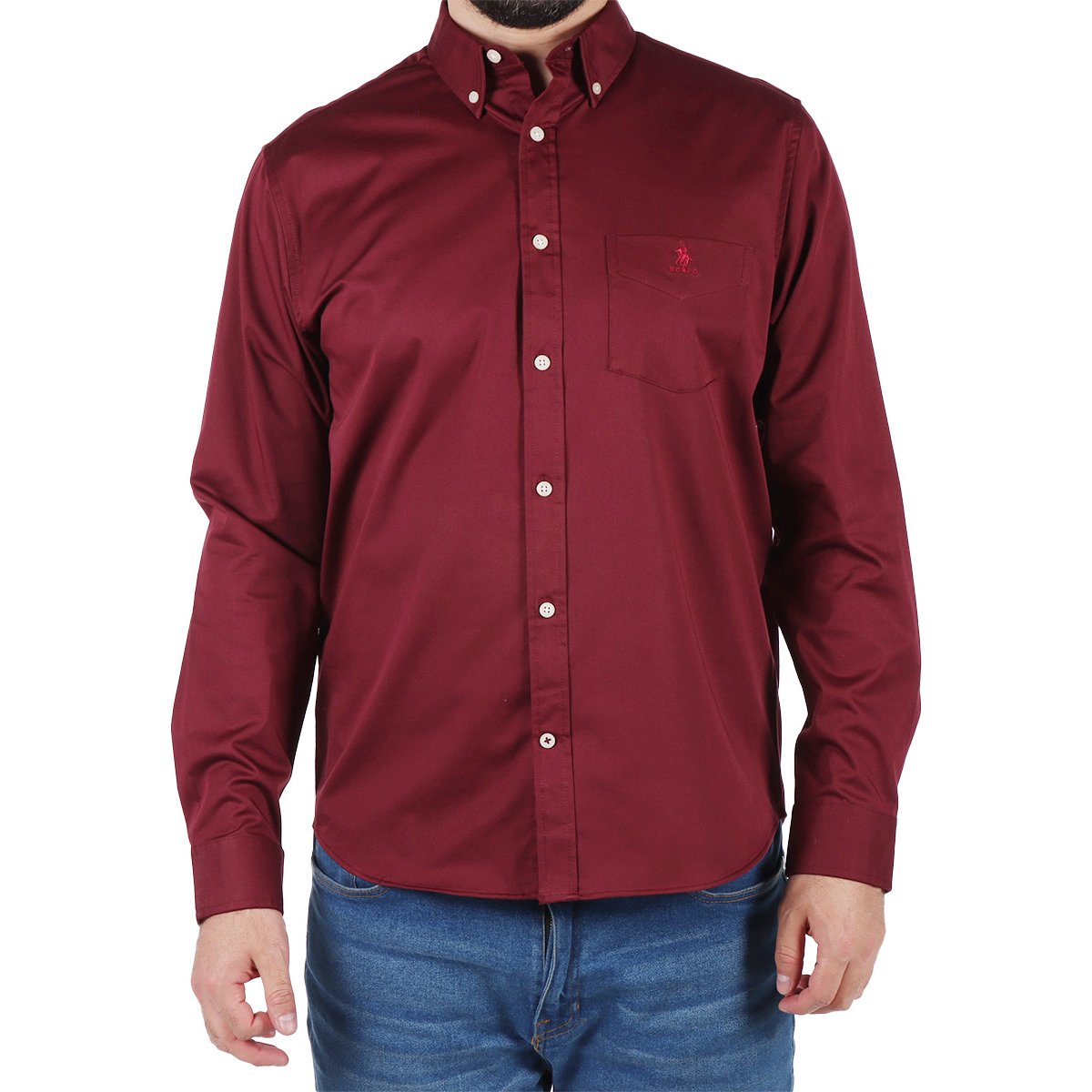Camisa Lisa Manga Larga Rojo Burdeos Polo Club para Hombre