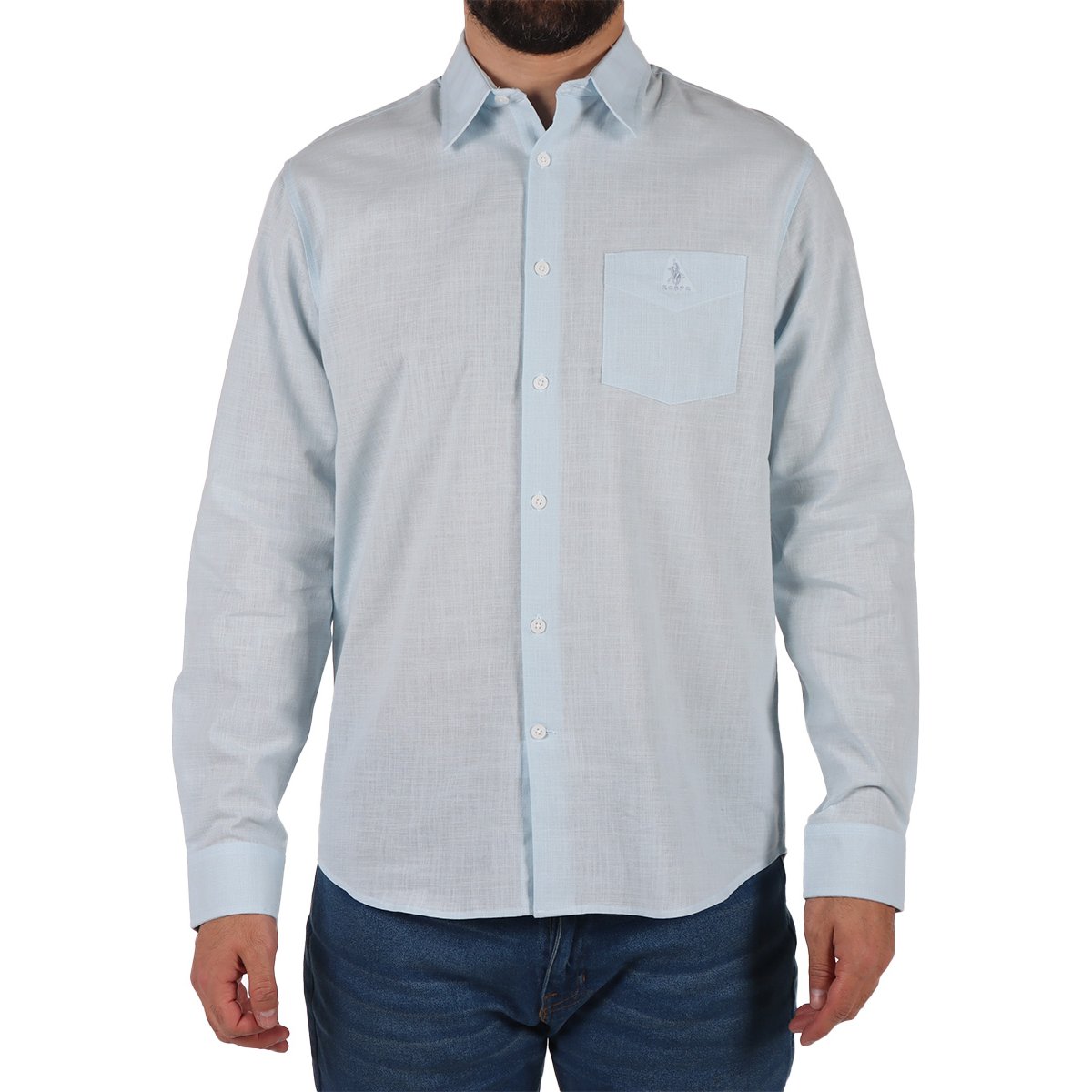 Camisa Manga Larga Lino Color Azul Cielo Polo Club Hombre