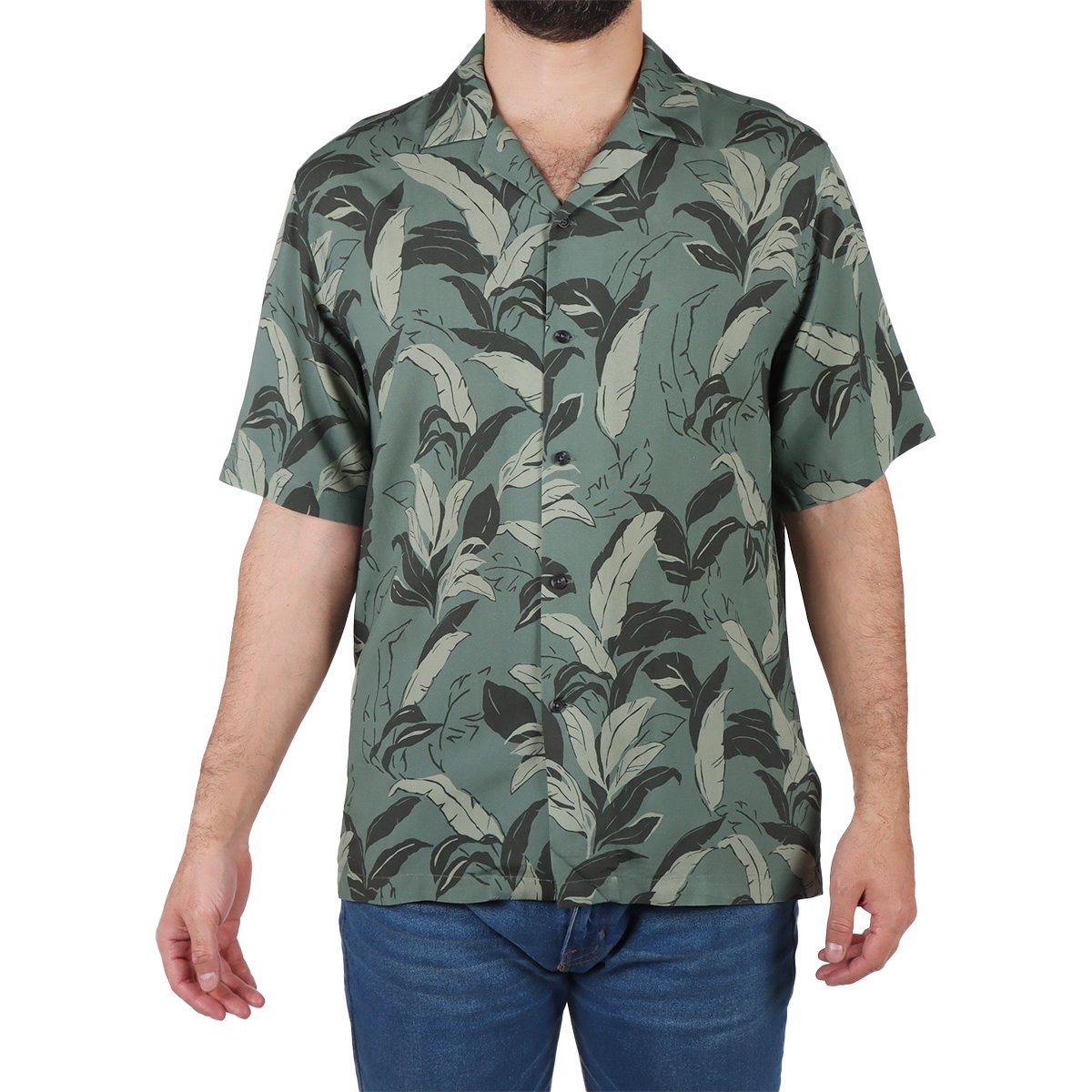 Camisa Manga Corta Estampada Hojas Tropicales Fukka Hombre