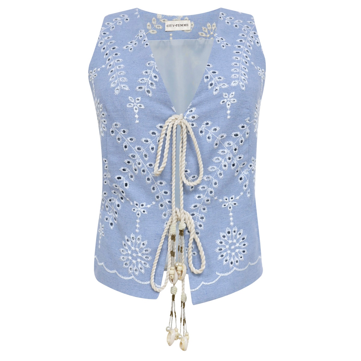 Chaleco Bordado con Cintas de Amarre Y Borlas para Mujer City Femme