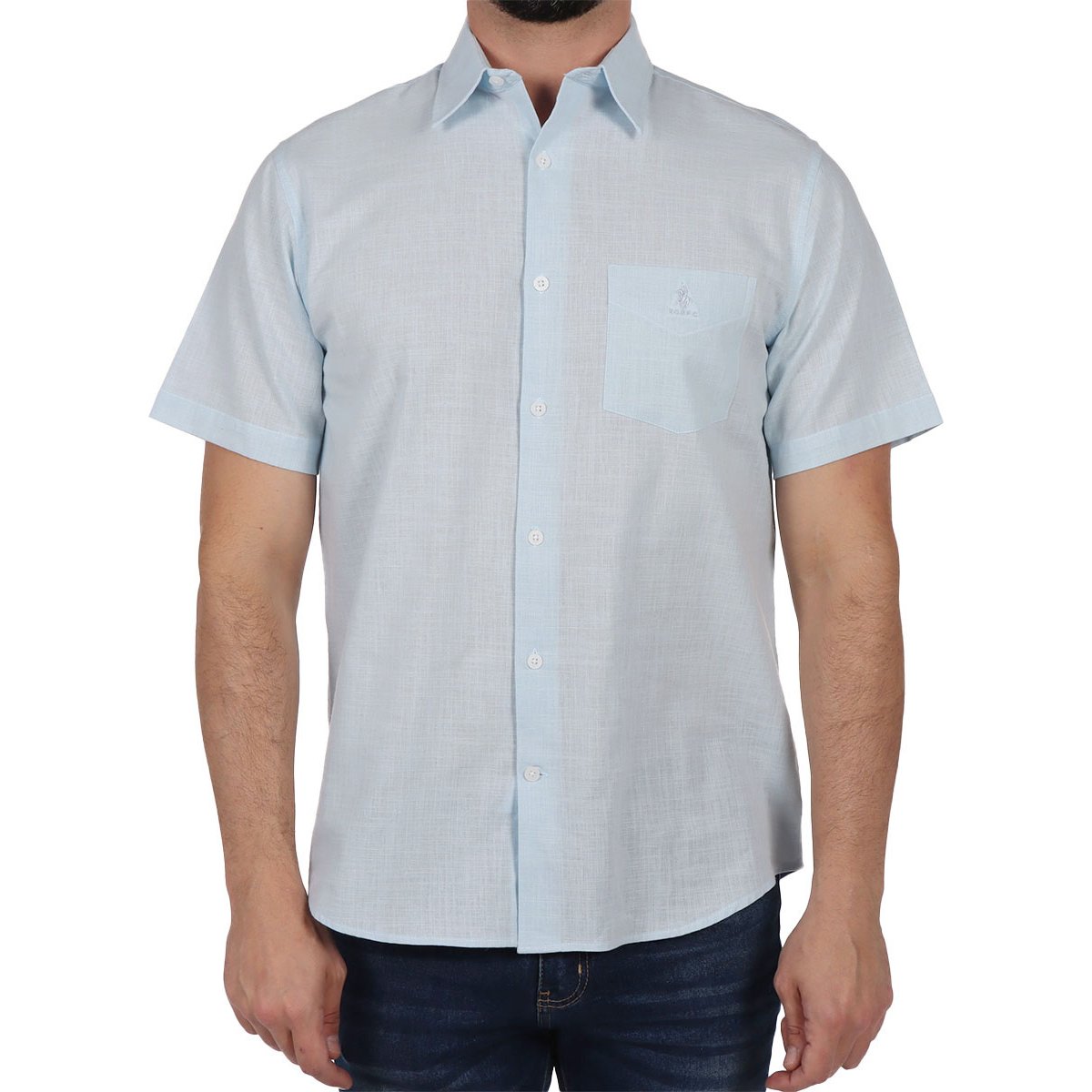 Camisa de Lino Manga Corta Lisa Azul Cielo Polo Club Hombre