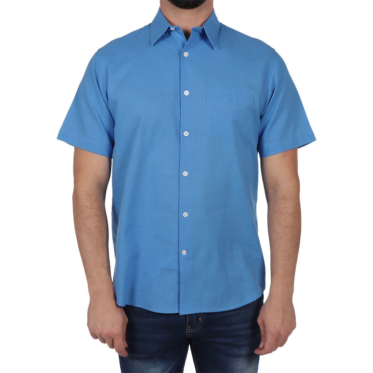 Camisa de Lino Manga Corta Cuello Camisero Polo Club Hombre