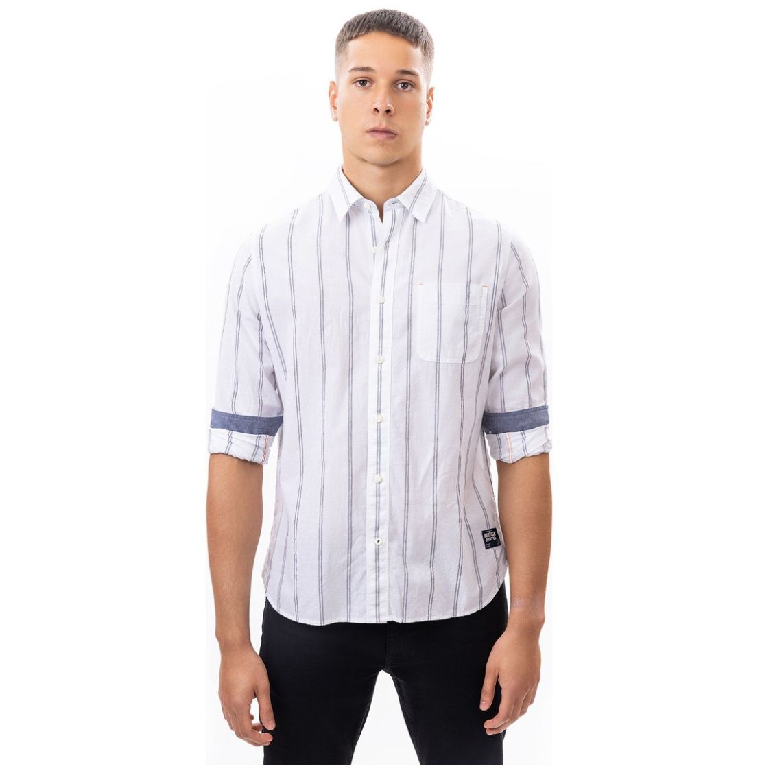 Camisa Rayas Regular Fit Nautica Blanco Manga Larga para Hombre