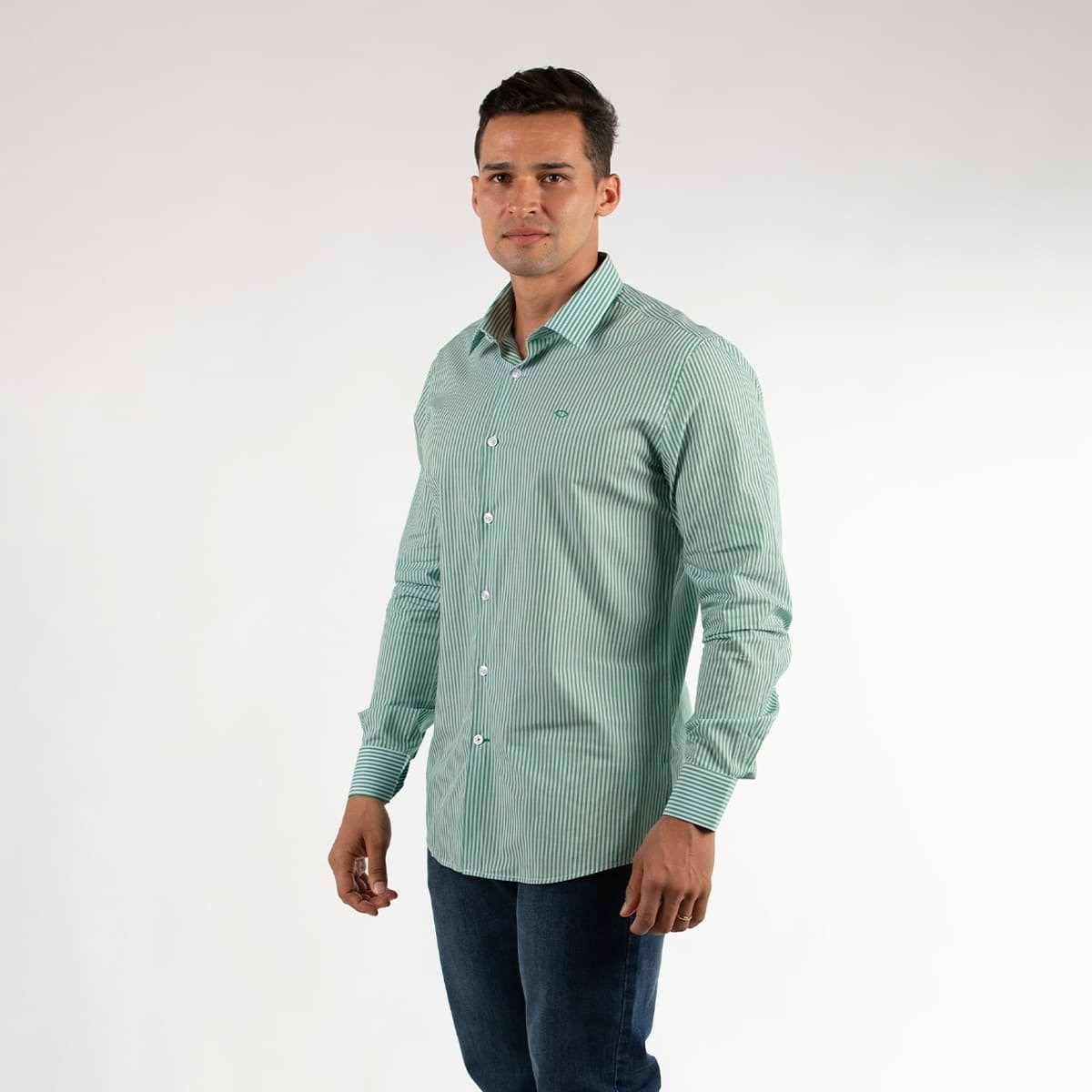 Camisa Casual Regular Fit Verde Rayas Oscar de la Renta Manga Corta para Hombre