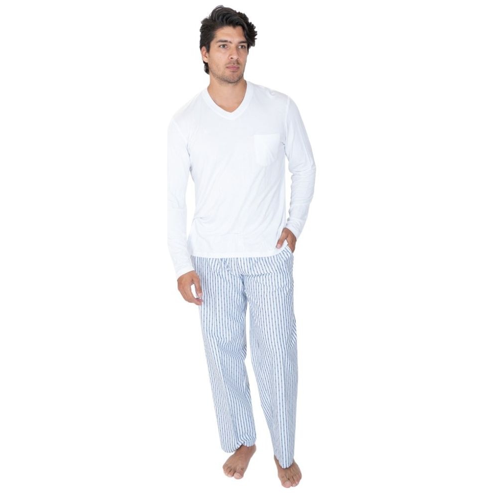 Pijama de Playera Manga Larga y Pantalón Royal Polo Club Rayas Azul Combinado para Hombre
