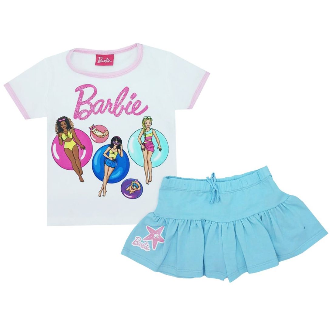 Conjunto de Falda y Playera Manga Corta con Diseño Barbie Multicolor para Niña