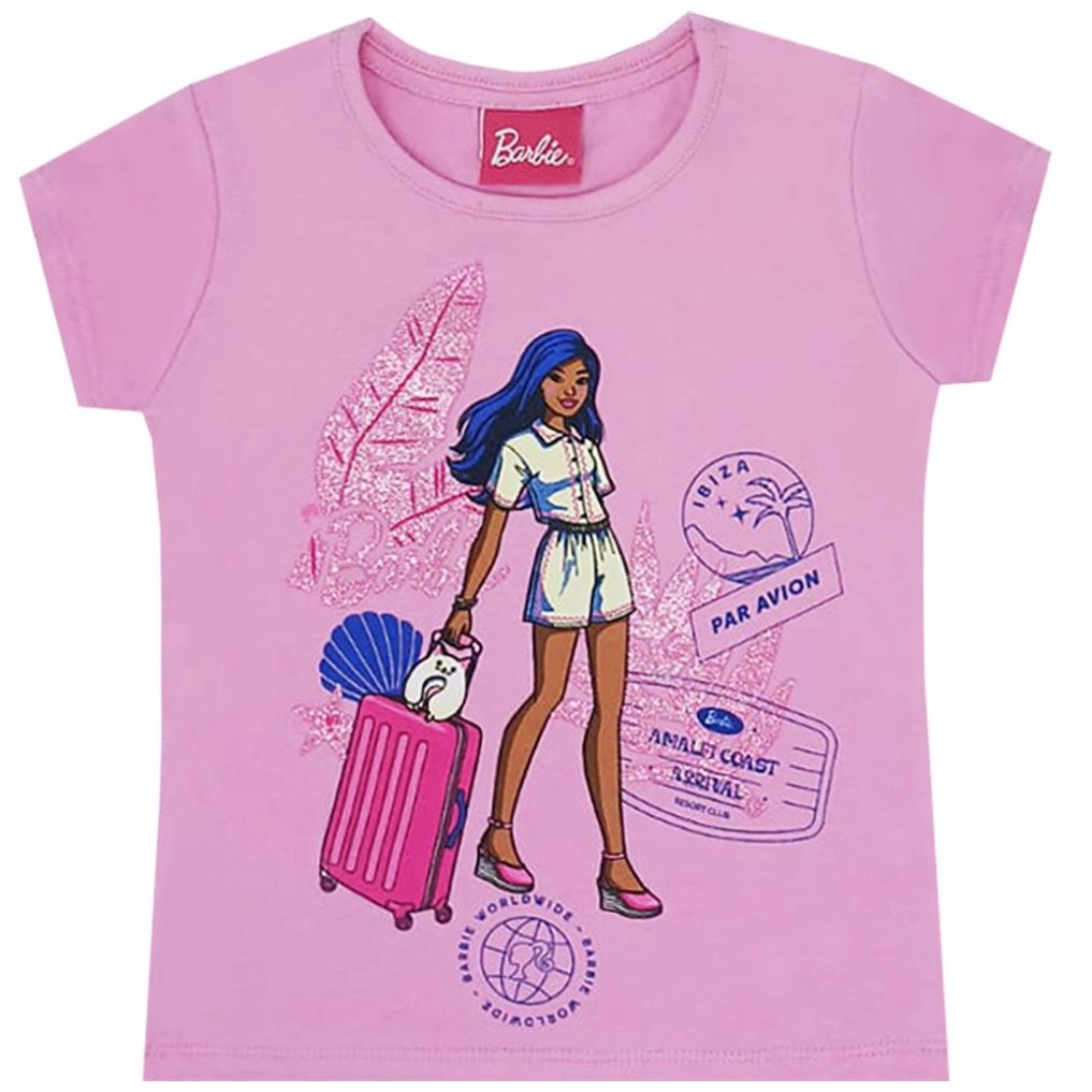 Playera con Diseño Barbie Rosa Manga Corta para Niña