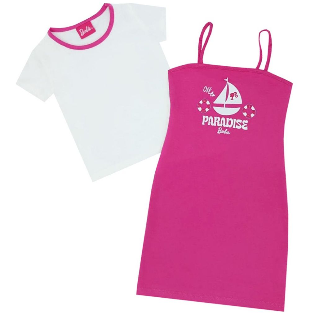 Conjunto de Vestido y Playera Manga Corta con Diseño Barbie Rosa para Niña