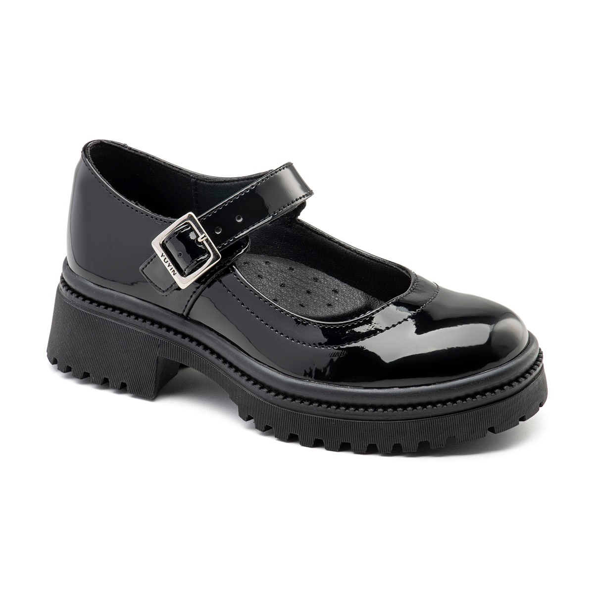 Zapato Escolar en Charol Yuyin Negro con Ajuste Hebilla para Niña