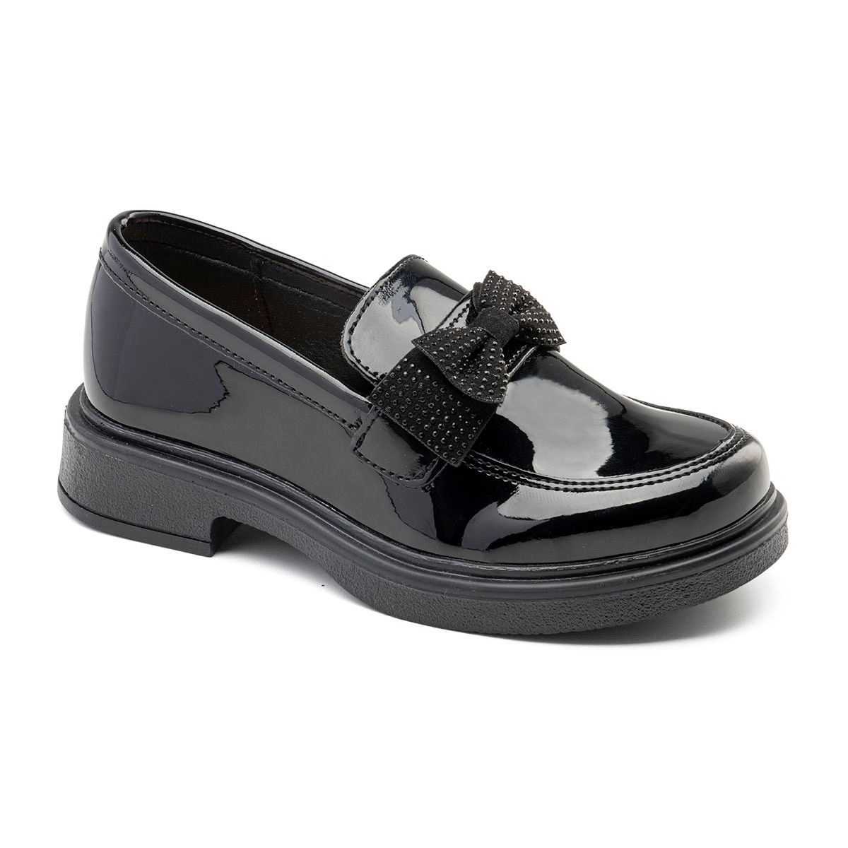 Mocasín Escolar en Charol Yuyin Negro Aplicación Moño para Niña