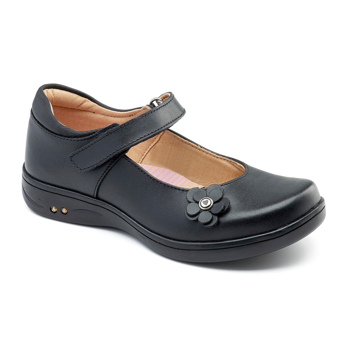 Zapato Escolar Yuyin Negro Aplicación Flor con Ajuste Velcro para Niña
