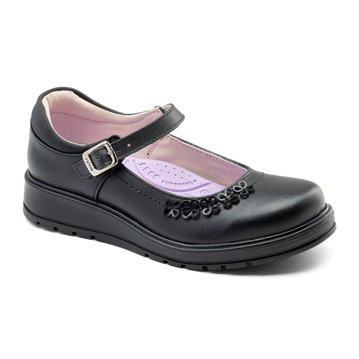 Zapato Escolar Yuyin Negro Aplicación Mariposas con Ajuste Hebilla para Niña