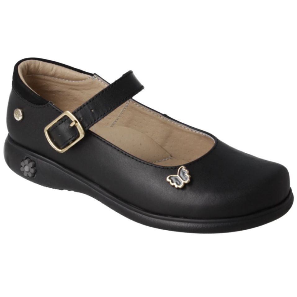 Zapato Escolar con Aplicación Mariposa Karsten Negro Ajuste Hebilla para Niña