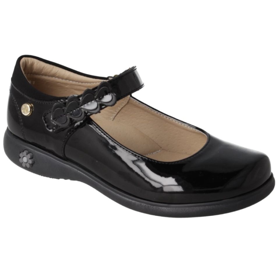 Zapato Escolar en Charol Karsten Negro con Ajuste Velcro para Niña