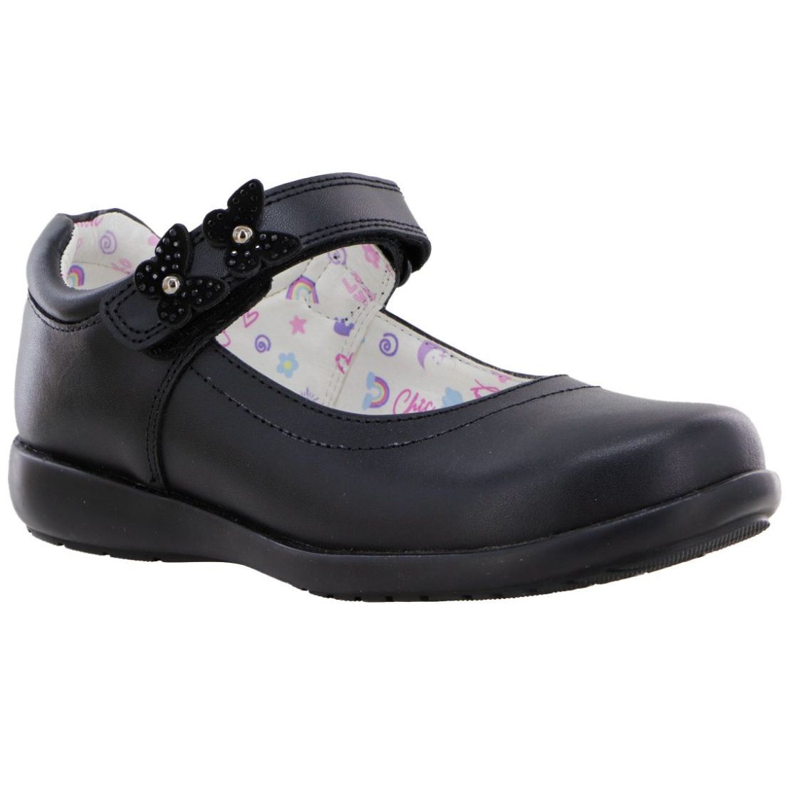 Zapato Escolar Bambino Negro Aplicación Mariposas Ajuste Velcro para Niña