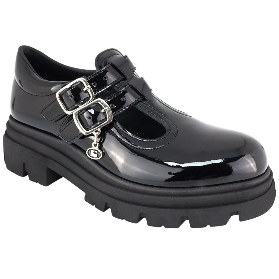 Zapato Escolar en Charol Coqueta Negro Traba-T Ajuste Doble Hebilla para Niña