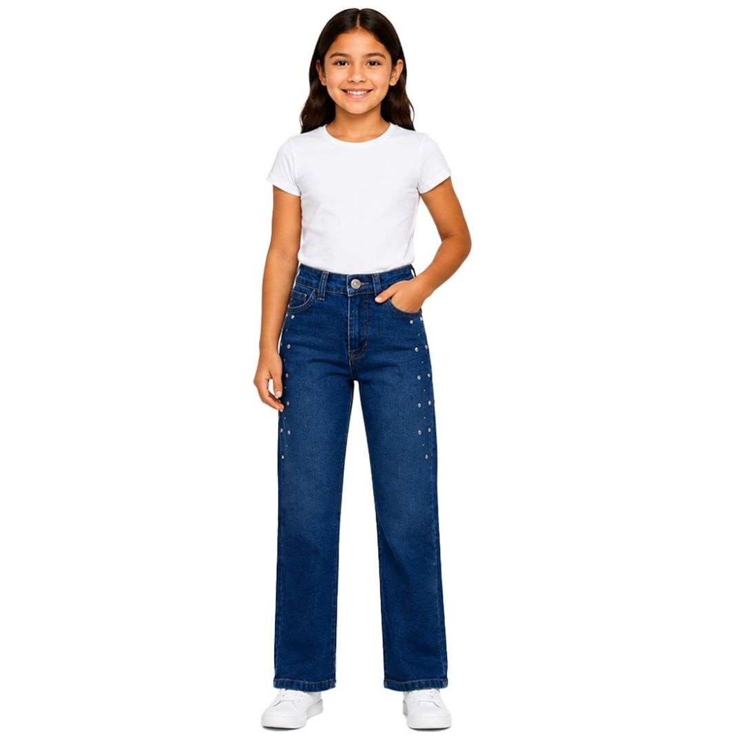 Jeans Corte Recto Azul Medio Beronna con Aplicación Pedrería para Niña