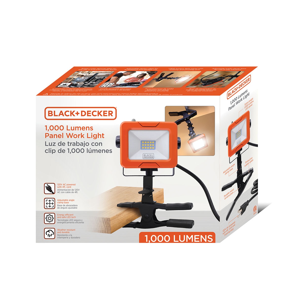 Panel de Luz Black + Decker de 1000 Lúmenes con Alimentación de Ca y Abrazadera