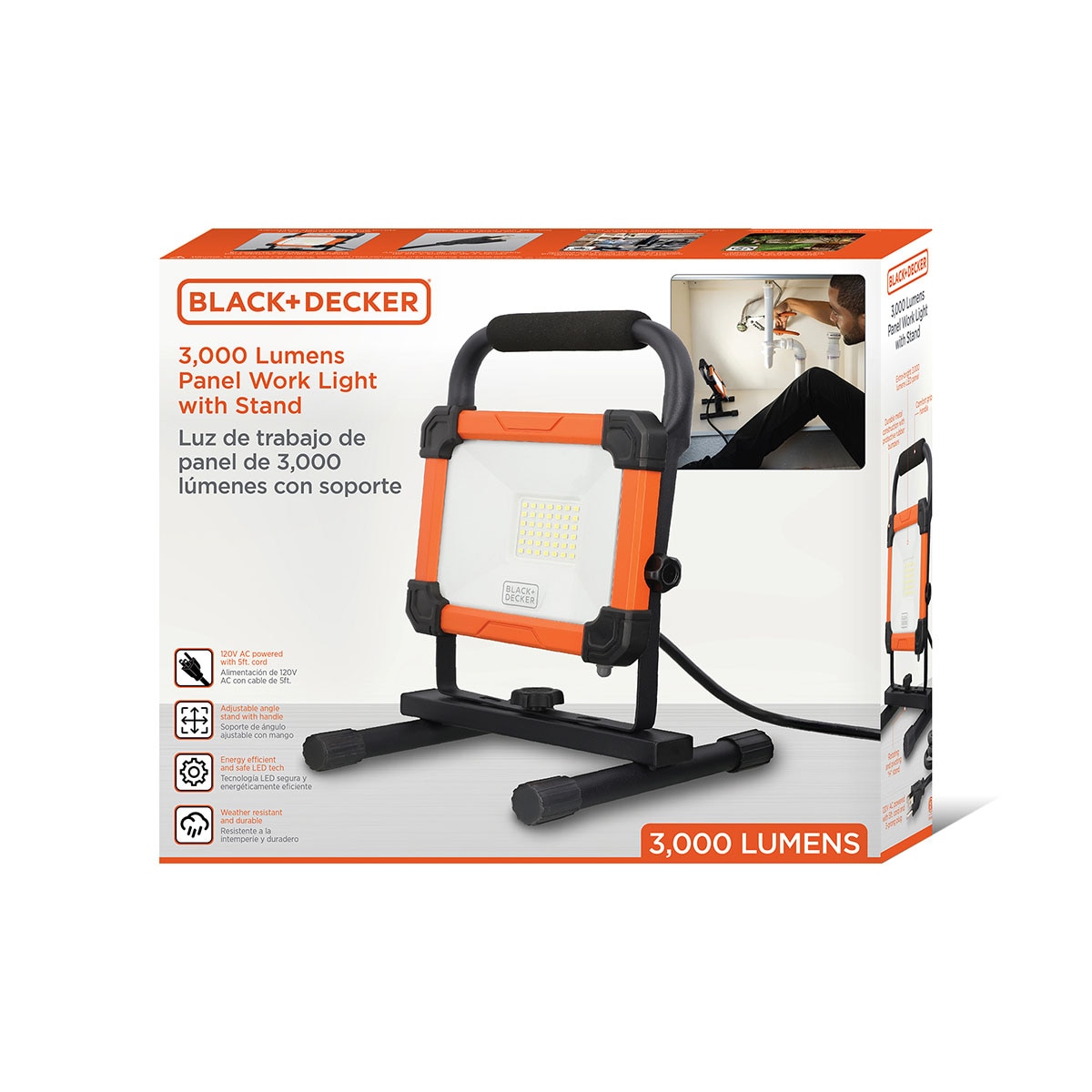 Panel de Luz Black + Decker de 3000 Lúmenes con Alimentación de Ca y Soporte