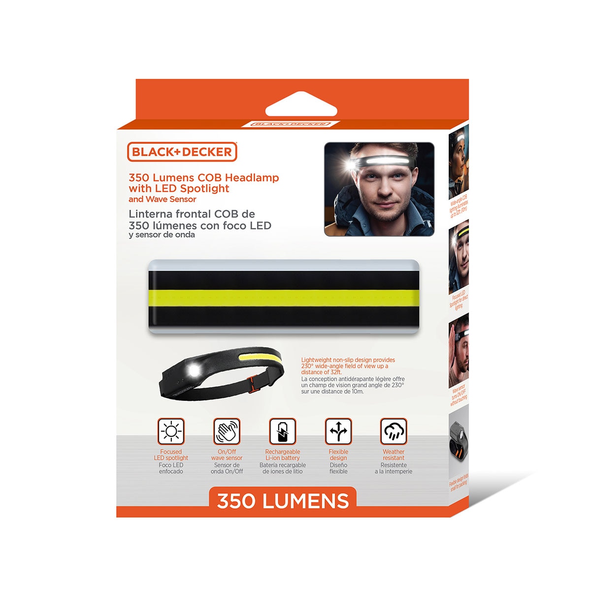 Linterna Frontal Cob/led de Alto Rendimiento de 350 Lúmenes con Sensor de Ondas de Black + Decker