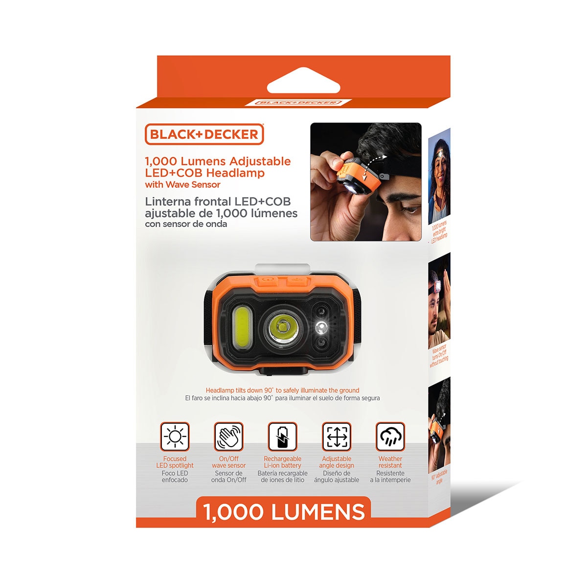 Linterna Frontal Led Recargable de 1000 Lúmenes con Sensor de Ondas Black + Decker