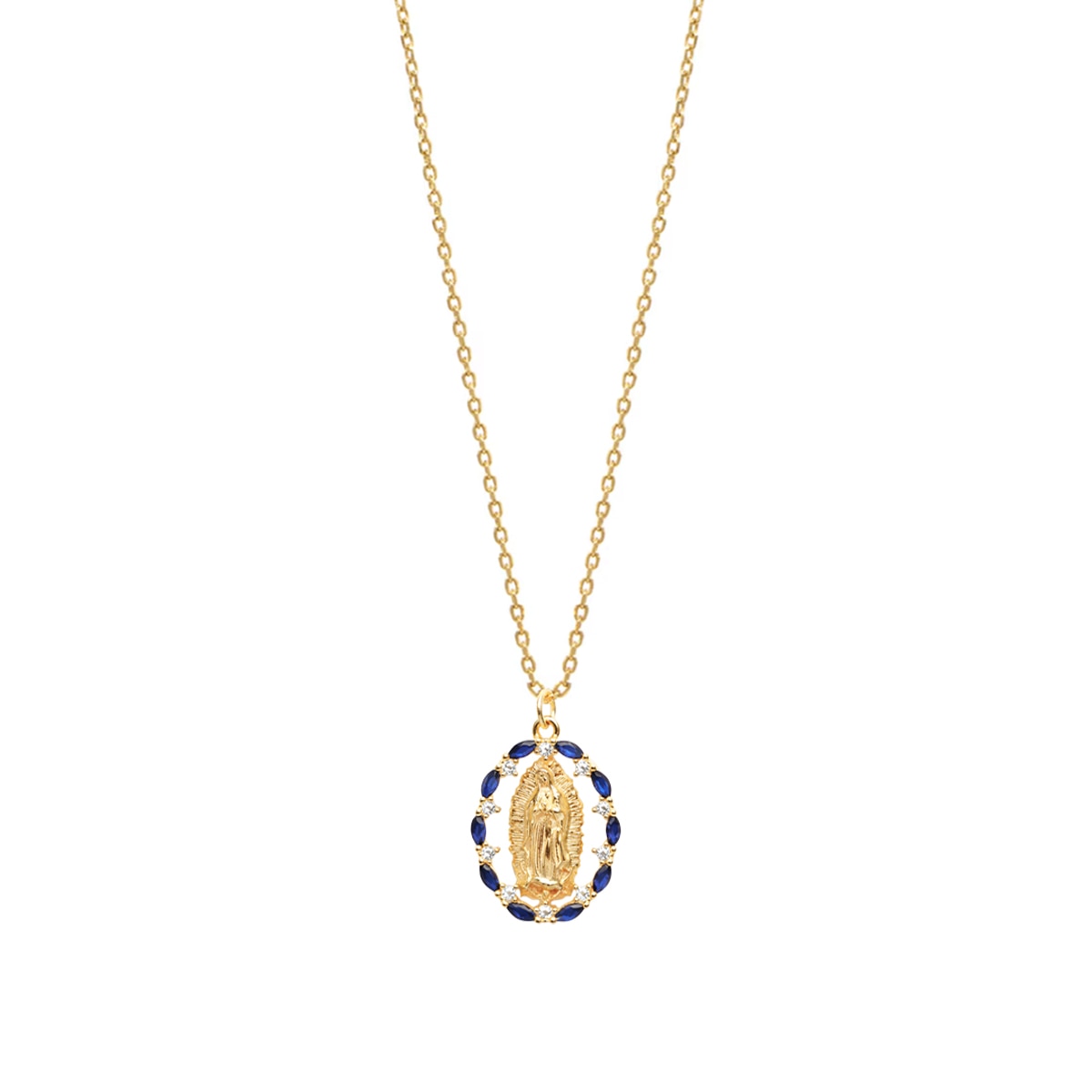 Medalla de la Virgen en Plata .925 con Navettes Cubic Cz Zafiro Acabado Dorado Joyeria Religiosa