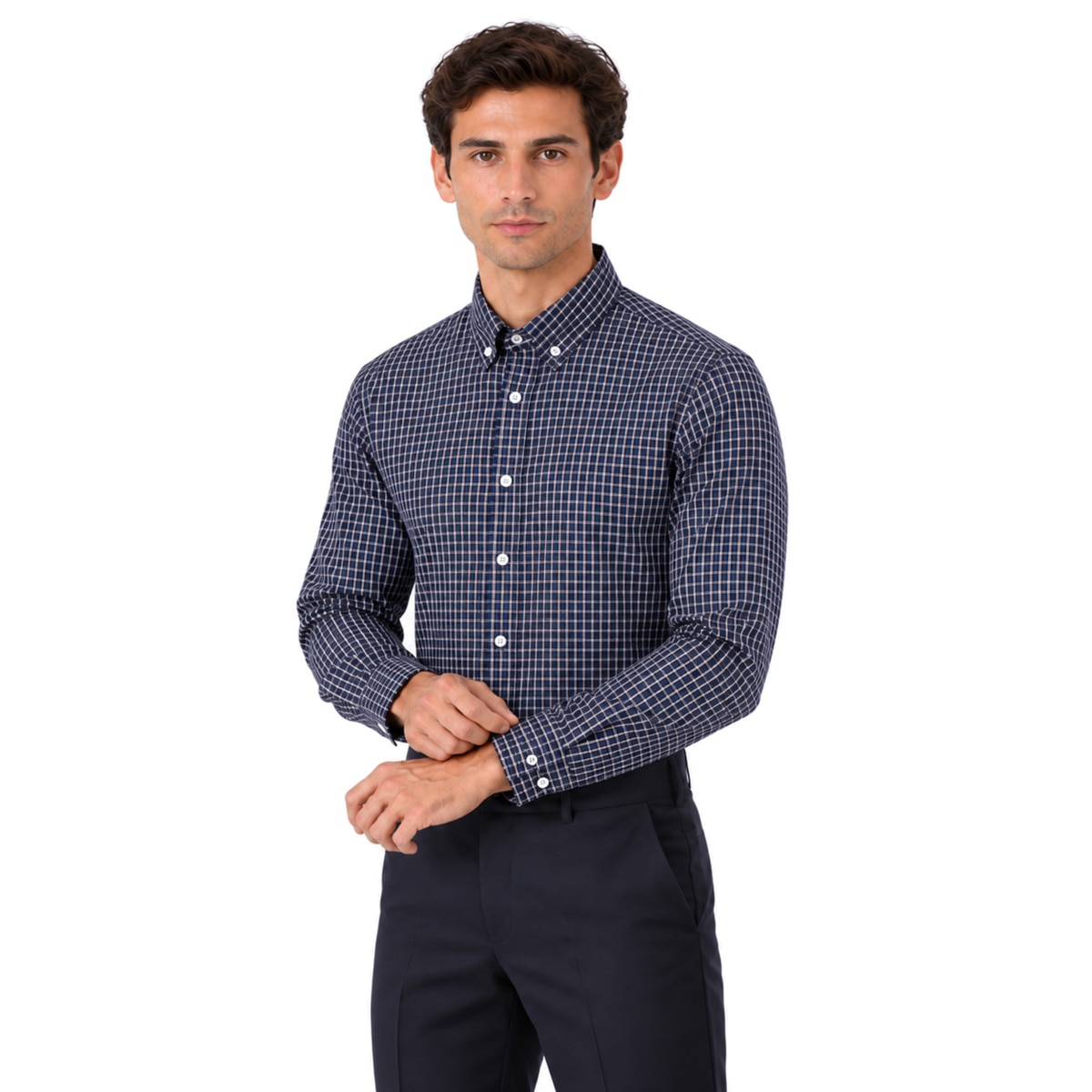 Camisa Azul Marino de Cuadros Formens Manga Larga para Hombre