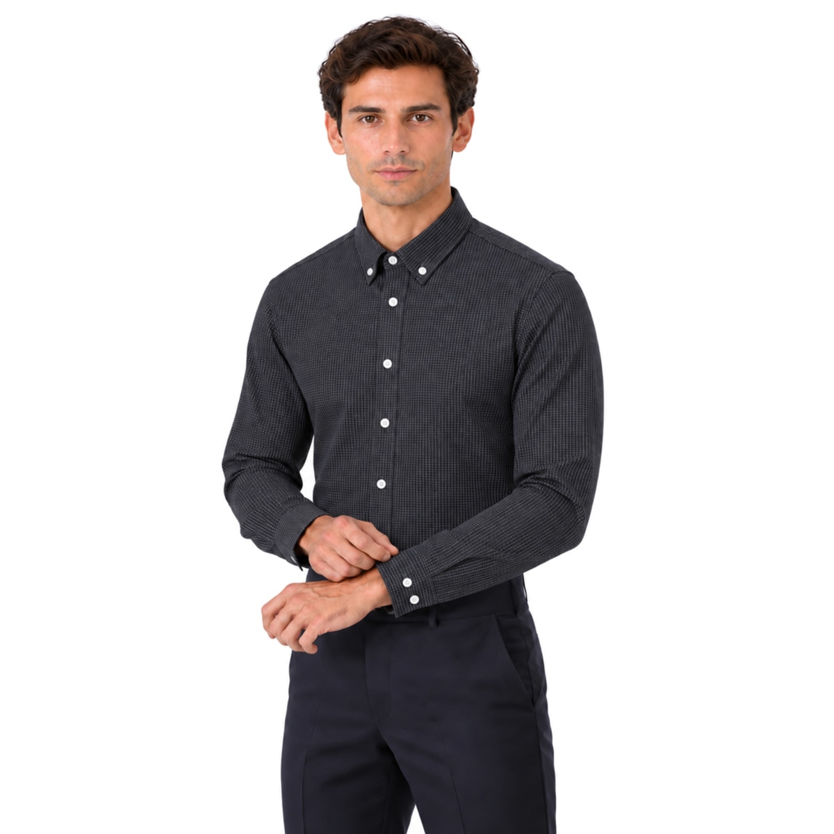 Camisa Negra de Cuadros Chicos Formens Manga Larga para Hombre