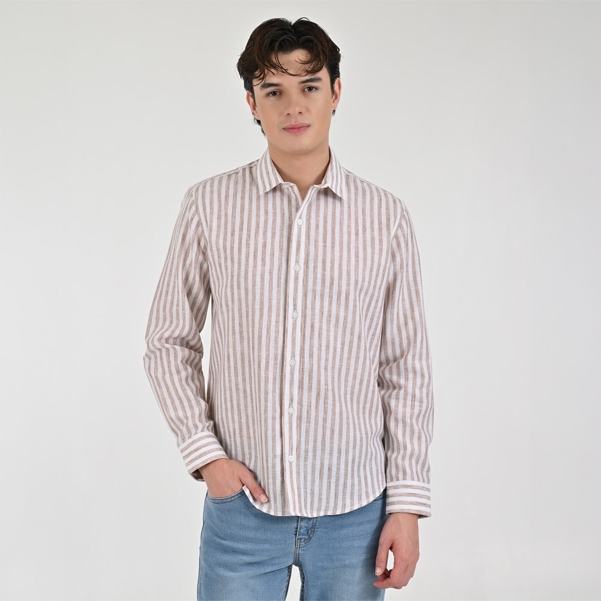 Camisa Manga Larga Supply Rayas Beige para Hombre