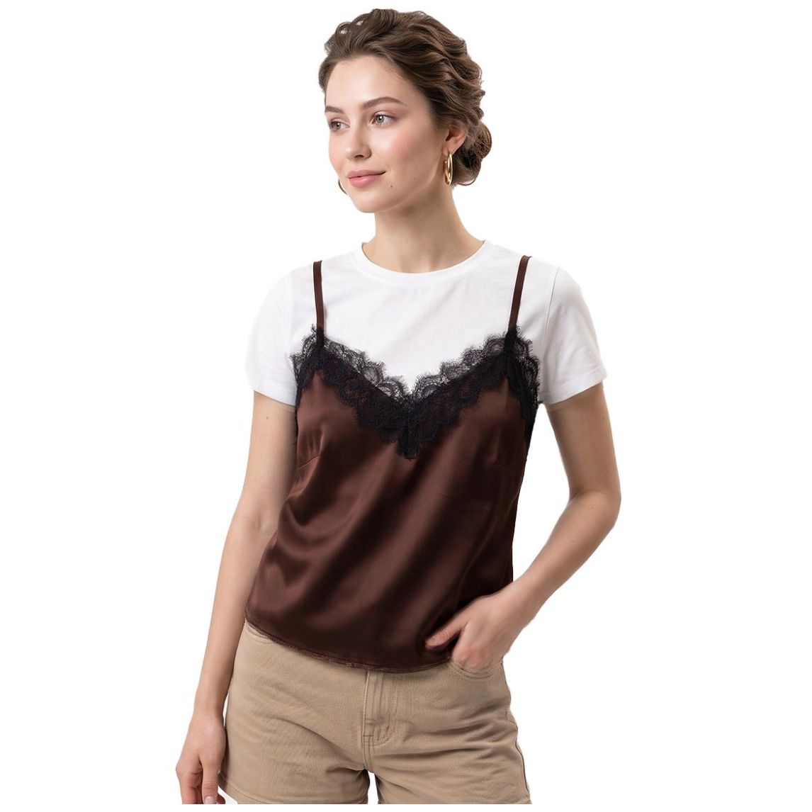 Playera Top Escote con Encaje Studio si para Mujer Junior