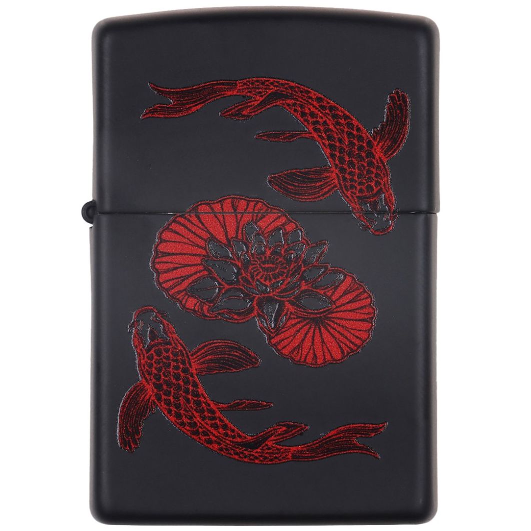 Encendedor Zippo Negro Mate con Diseño de Peces Koi para Hombre