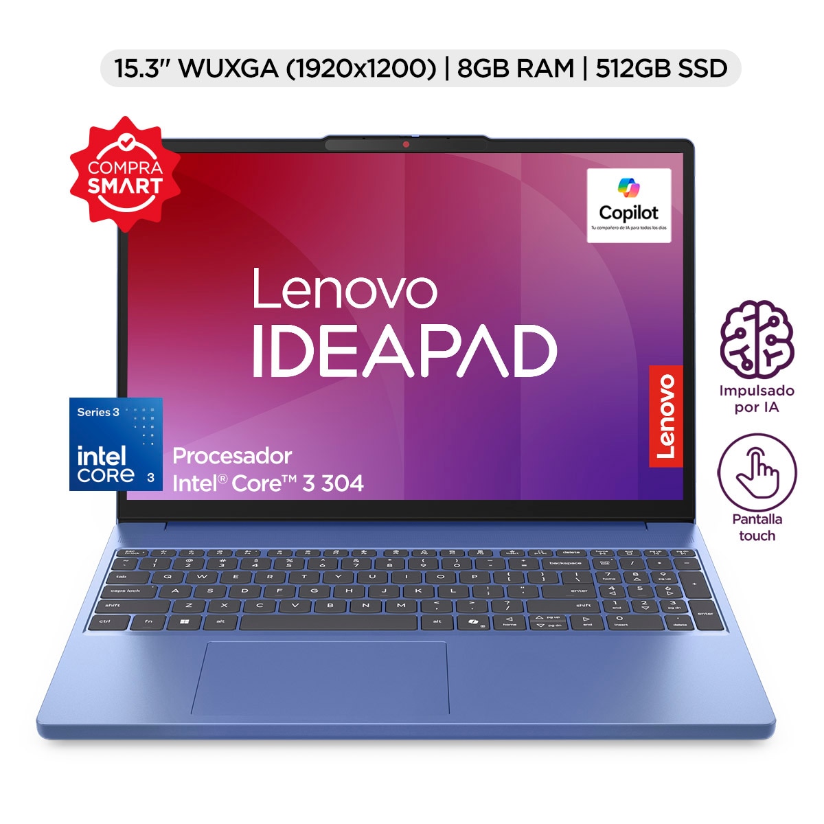 Laptop Lenovo Ideapad Slim 3 15Iwc11 Color Uva 15.3" Touch Wuxga Intel Core 3 8Gb Ram 512Gb Ssd+Ia