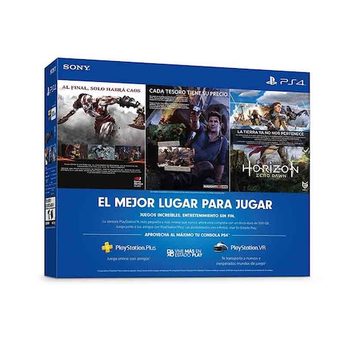 PS4 Slim Consola 500 GB Horizon Zero, God Of War III, Uncharted 4 (Negra)