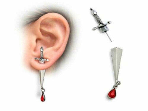 Arete Tipo Espada, 1pza Daga Con Cristal Gota De Sangre BYTESHOP