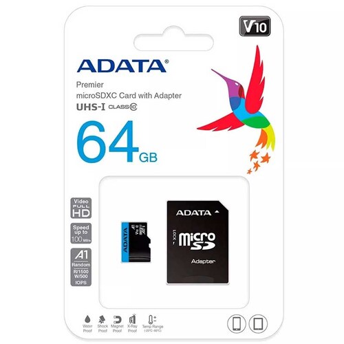 Memoria Micro SDXC 64GB ADATA Clase 10 Juegos A1 Videos Full HD V10 AUSDX64GUICL10A1-RA1 