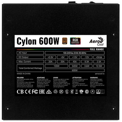 Fuente de poder Gamer AEROCOOL Cylon RGB 600W 80 Plus BRONZE 