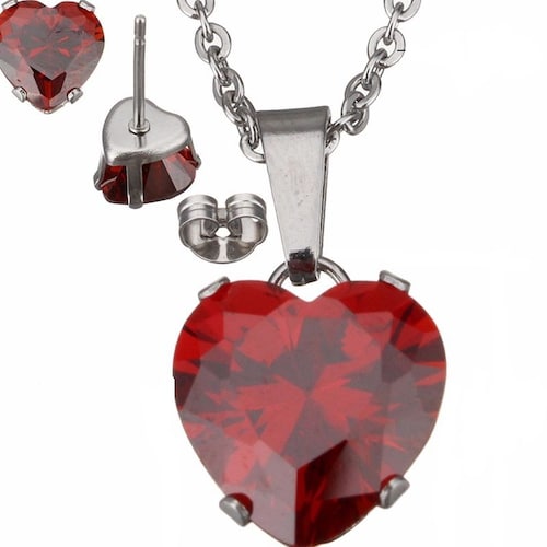 Kit Cadena Dije Aretes Forma Corazon Zirconia Roja Acero