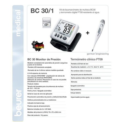 KIT DE BAUMANÓMETRO BC30 Y TERMÓMETRO DIGITAL FT09 Beurer.