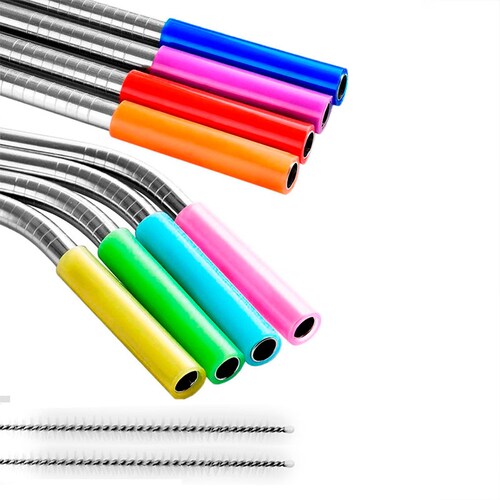Set 8 Popotes Acero Inoxidable Con Silicona 2 Limpiadores