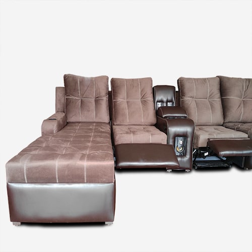 Sala Modular Toronto 3 reclinables y audio c/2 bocinas Tela suave Elefante Moka y Flother Chocolate MADERIAN// ENTREGA A CDMX Y ZONA METROPOLITANA.