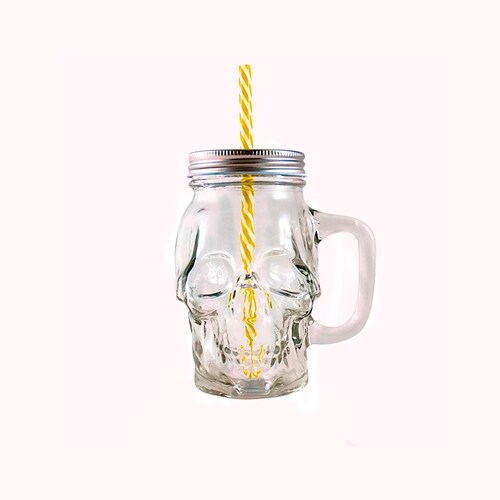 6pz Frascos Calavera con Tapa Y Popote Mason Jars Skull 16oz (473ml)