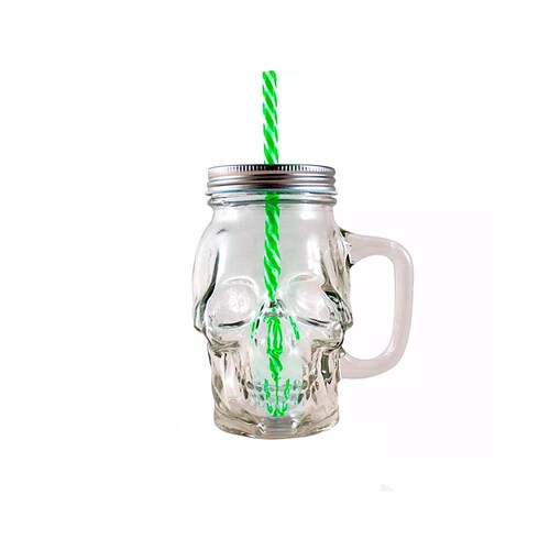12pz Frasco Calavera con Tapa Y Popote Mason Jars Skull 16oz (473ml)