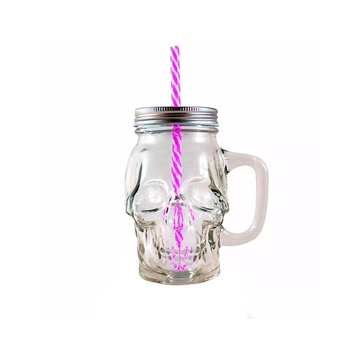 12pz Frasco Calavera con Tapa Y Popote Mason Jars Skull 16oz (473ml)