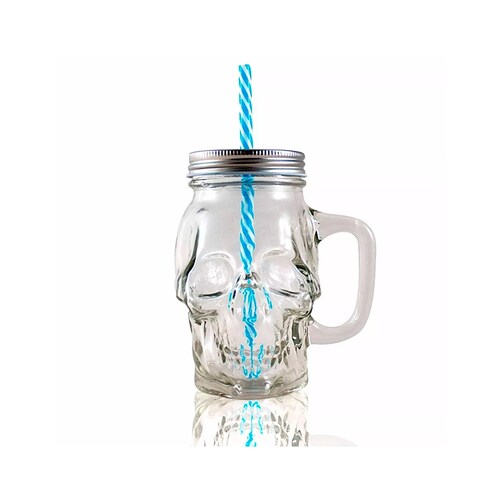 12pz Frasco Calavera con Tapa Y Popote Mason Jars Skull 16oz (473ml)