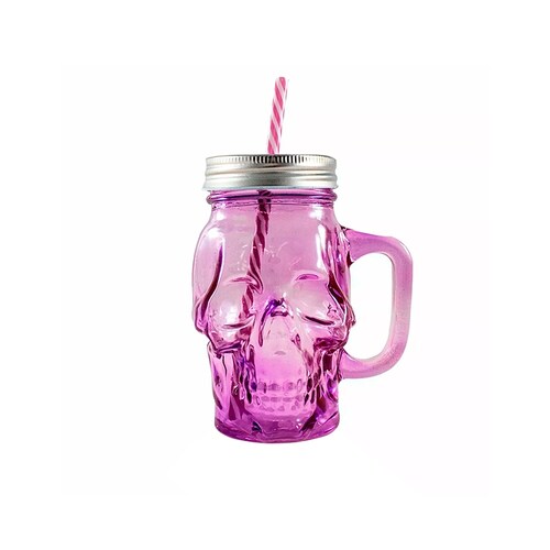 3pz Tarro Calavera con Tapa Y Popote Mason Jars Colores 16oz