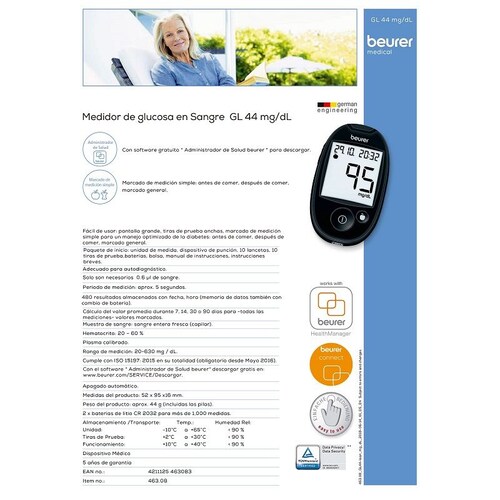 Glucómetro Medidor De Nivel Azucar en Sangre - Glucemia P/ Diabetes GL44 Beurer.