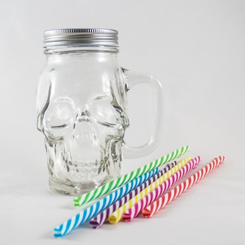6pz Frascos Calavera con Tapa Y Popote Mason Jars Skull 16oz (473ml)